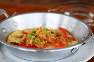 Breakfast with fried eggs pan