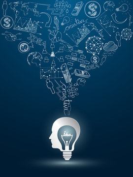 head idea concept with light bulbs on blue background