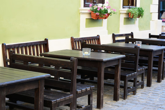 Outdoor street cafe tables and benches