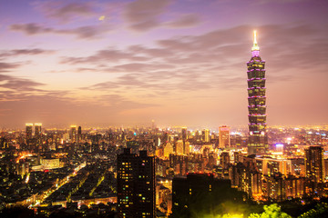 Taipei's City Skyline at sunset with the famous Taipei 101