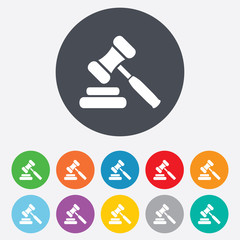 Auction hammer icon. Law judge gavel symbol.
