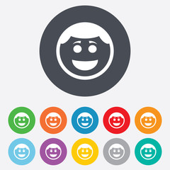 Smile face icon. Smiley with hairstyle symbol.