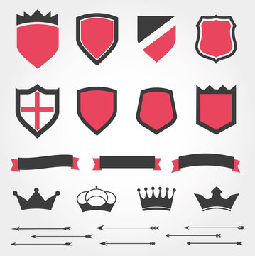 Set vector shields heraldic crowns ribbons arrows
