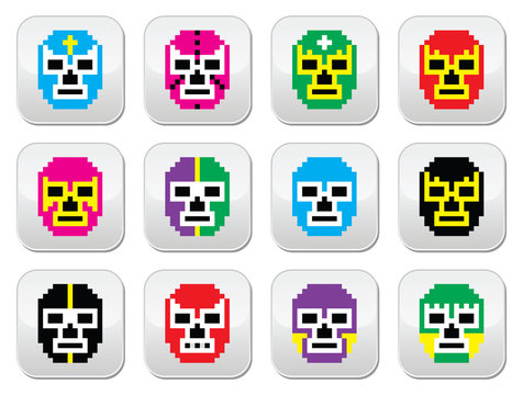 Lucha Libre, luchador pixelated Mexican wrestling masks buttons