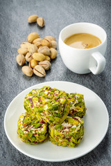 pistachio turkish delight dessert and coffee
