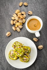 pistachio turkish delight dessert and coffee