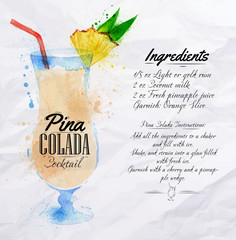 Pina colada cocktails watercolor - obrazy, fototapety, plakaty