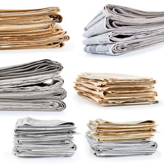collection or set stack newspapers on white background