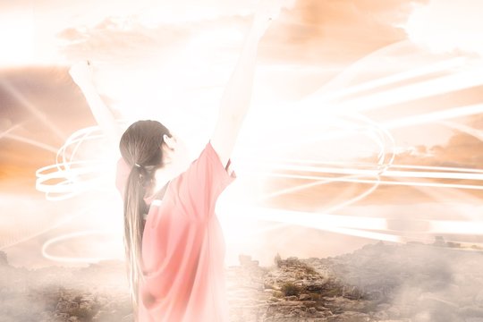 Composite image of excited asian football fan cheering