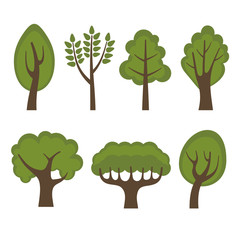 Set of Different Green Trees Cartoon Style. Vector