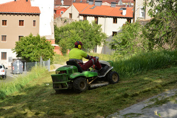 jardinero cortando el cesped de un jardin