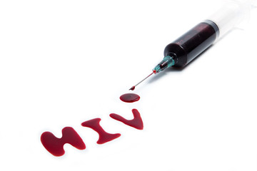 hiv spelled by blood on white background