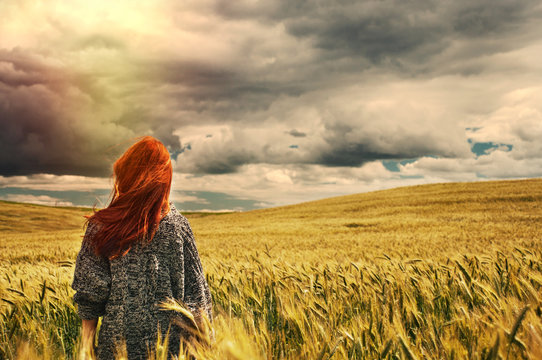 Fashion Young Red Hair Woman Standing Back Outdoor On Breathtaki