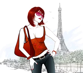 Poster Young woman in Paris near Eiffel tower and Seine river © Isaxar