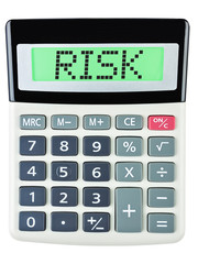 Calculator with RISK on display isolated on white background