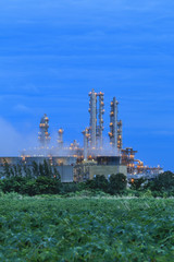 Refinery factory with green field on twilight