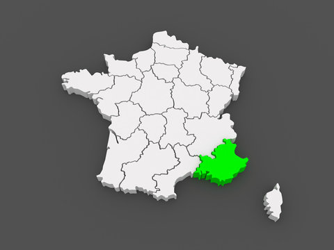 Map of Provence Alpes Cote d'Azur. France.