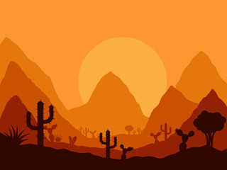 vector mexican sunset landscape with silhouette of cactus