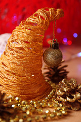 yellow Christmas decorations on red background