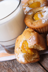 peach muffins and milk in glass closeup