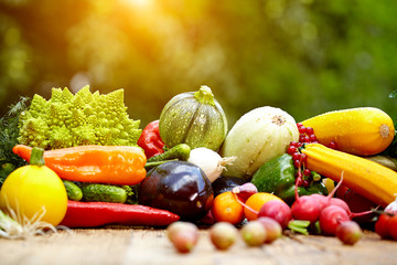 Fresh organic vegetables ane fruits on wood table  in the garden - obrazy, fototapety, plakaty