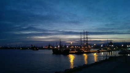 Ships in Varna port at night, Black sea, Bulgaria