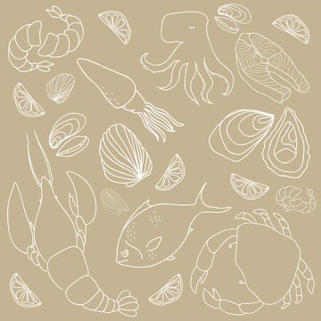 Set of hand drawn elements seafood. Vector illustration.
