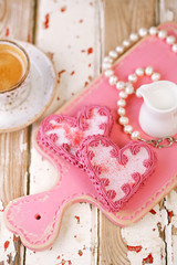 Coffee cup top view on old wooden table