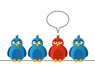 Four birds sitting on wires. One bird is red and says