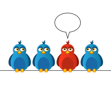 Four birds sitting on wires. One bird is red and says