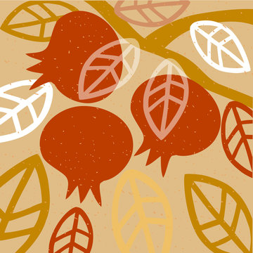 Pomegranates, Leaves, and Branch Background
