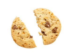 Cracked chocolate chip cookie on white background