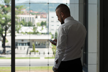 Business Man Texting On Cellphone In Modern Office