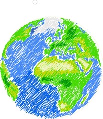 Globe icon with green map of the continents of the world