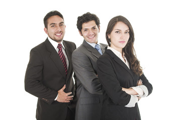 two elegant men and a woman in suits posing