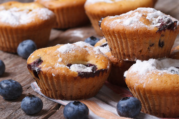 Fresh blueberry muffins close-up on the table. horizontal