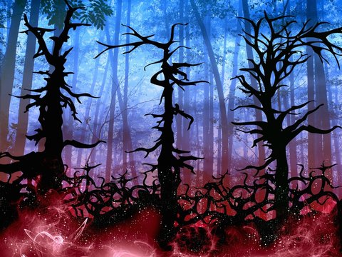 dark halloween woods background with twisted trees