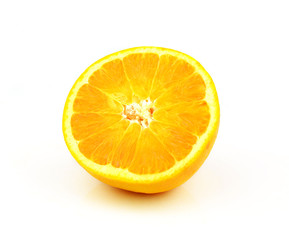 Half orange fruit on white background, fresh and juicy