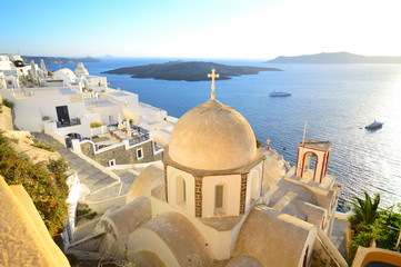 View of a volcanic caldera and St. John's church from Fira, Sant - obrazy, fototapety, plakaty