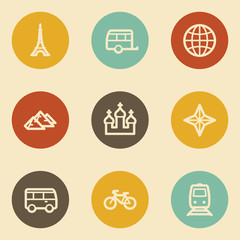 Travel web icon set 2, retro circle buttons