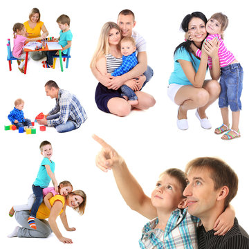 Set photos of happy families isolated on white