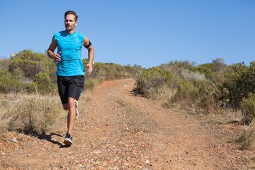 Athletic man jogging on country trail