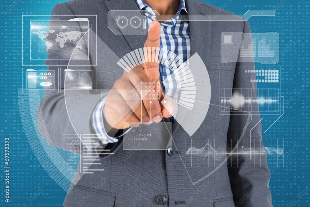Poster Composite image of focused businessman pointing to interface