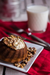chocolate orange cake with butter cream and toasted walnuts