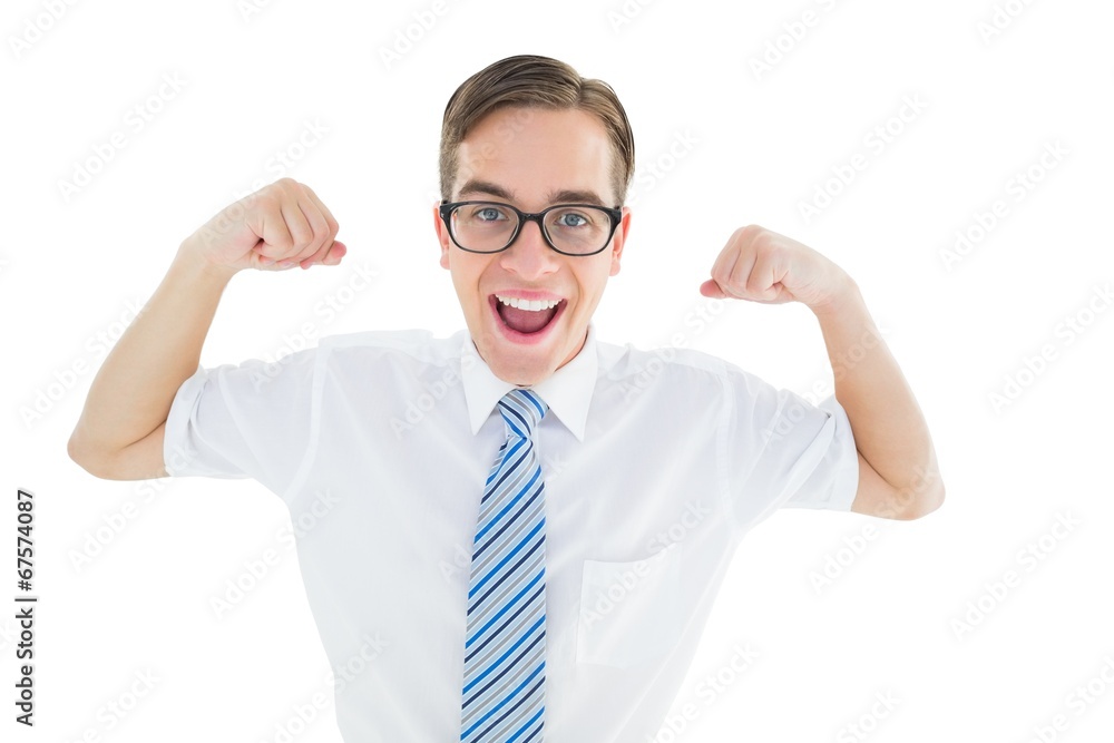 Aufkleber geeky happy businessman flexing biceps