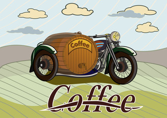 retro banner with a barrel of coffee