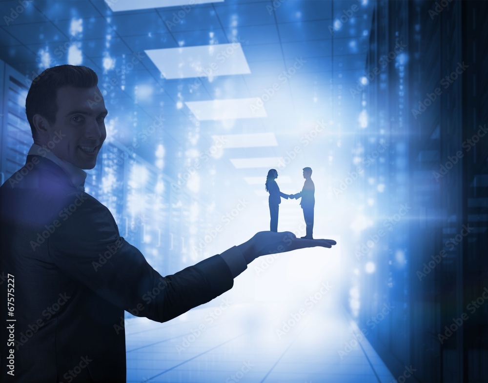 Poster composite image of side view of hand shaking trading partners
