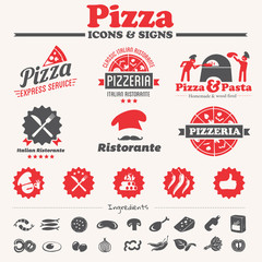 pizza icons, signs & labels - obrazy, fototapety, plakaty