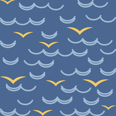 Waves and seagulls in blue colors. Seamless pattern.
