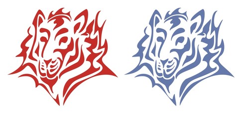 Tribal tiger head. Red and blue on the white
